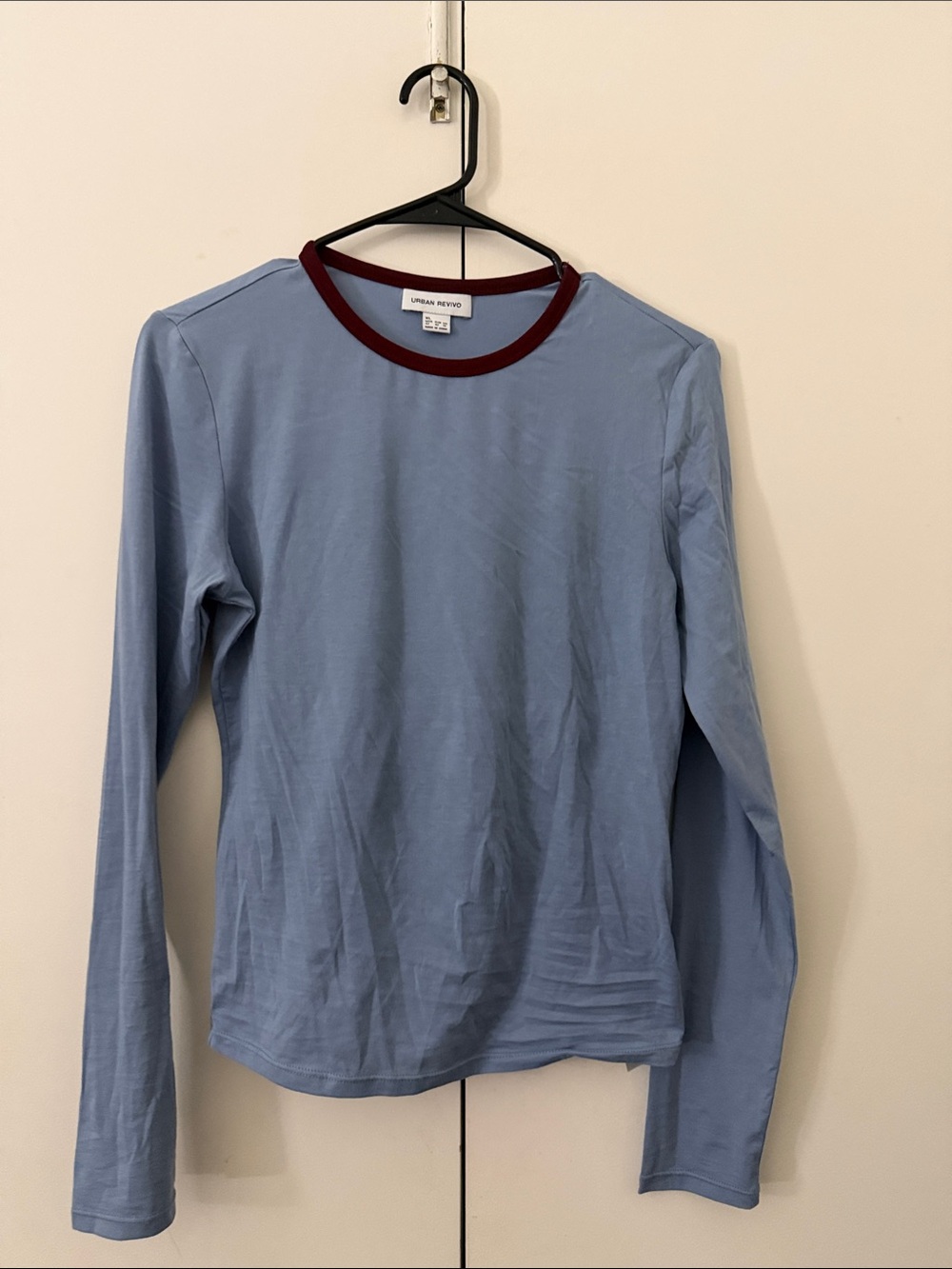 Urban Outfitters Light Blue Long Sleeve Tee with Burgundy Neck